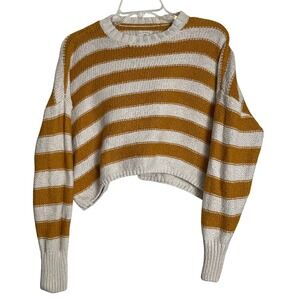 Billabong Striped Cropped Sweater Women's‎ Mustard Cream Knit Casual Size S
